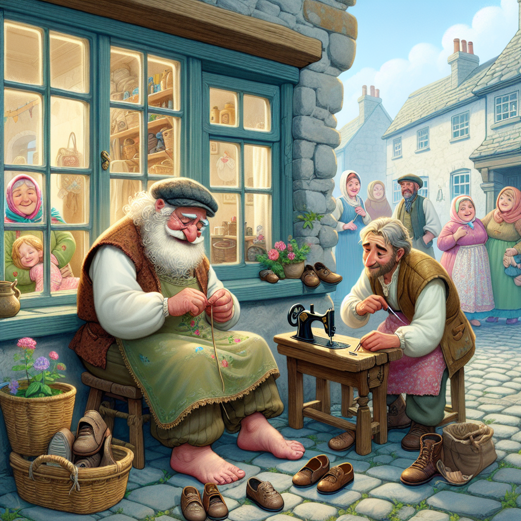 Colorful children's illustration for the story: The Happy Cobbler