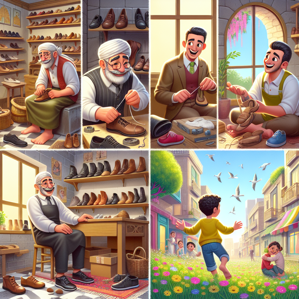Colorful cartoon storyboard showing 8 key scenes from The Happy Cobbler