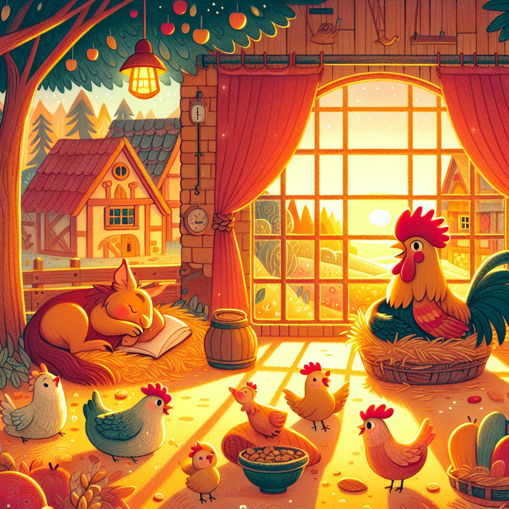 Colorful children's illustration for the story: The Cock and the Fox