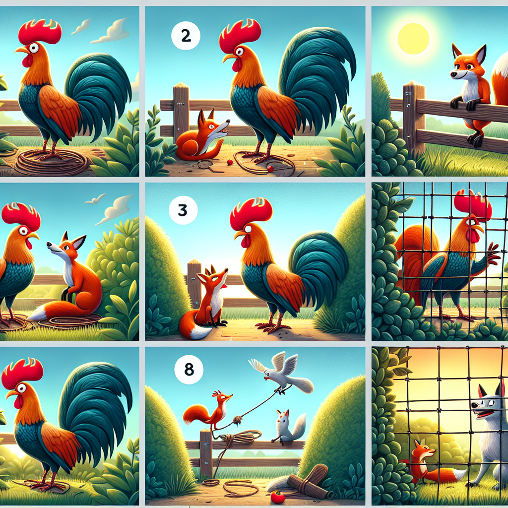 Colorful cartoon storyboard showing 8 key scenes from The Cock and the Fox