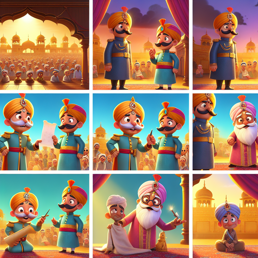 Colorful cartoon storyboard showing 8 key scenes from The Corrupt Man