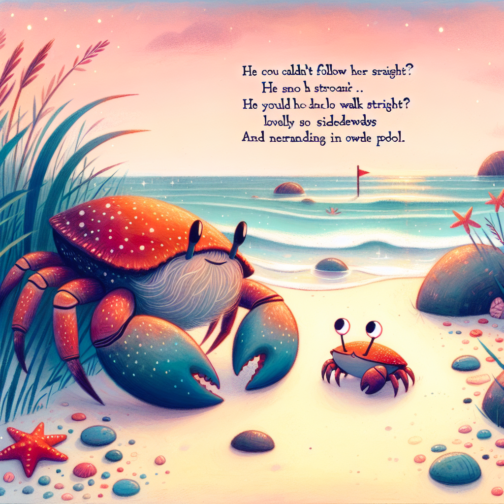 Colorful children's illustration for the story: The Crab and Her Advice