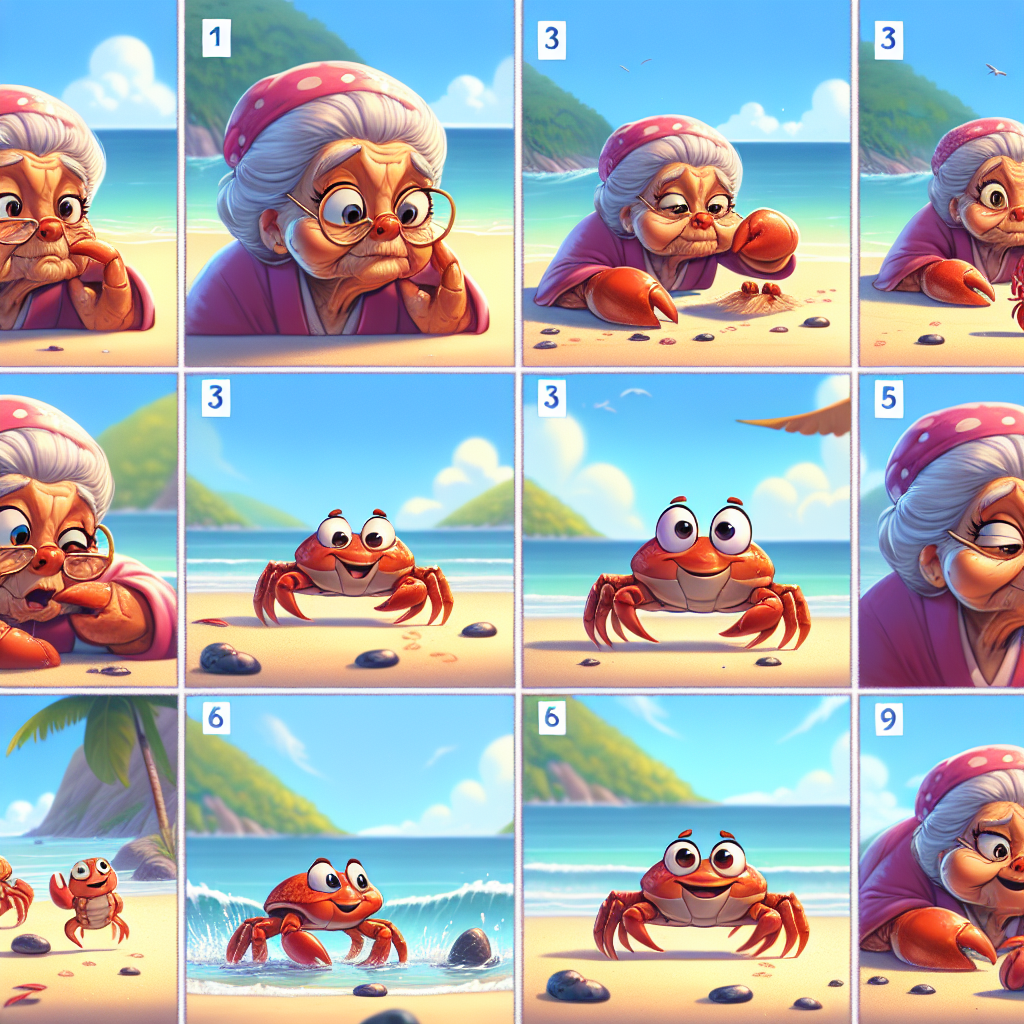Colorful cartoon storyboard showing 8 key scenes from The Crab and Her Advice
