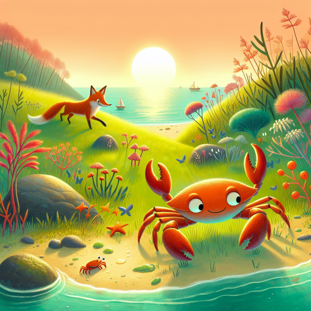 Colorful children's illustration for the story: The Crab and the Sea