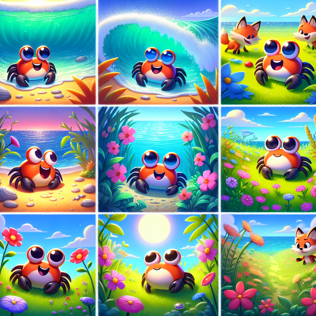 Colorful cartoon storyboard showing 8 key scenes from The Crab and the Sea
