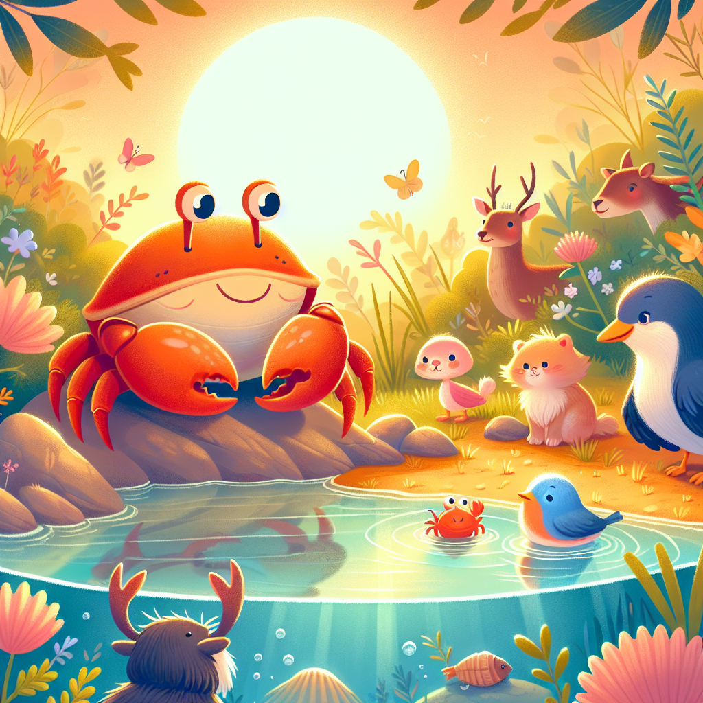 Colorful children's illustration for the story: The Brave Crab of the Pond