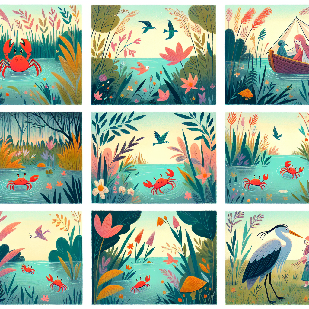 Colorful cartoon storyboard showing 8 key scenes from The Brave Crab of the Pond