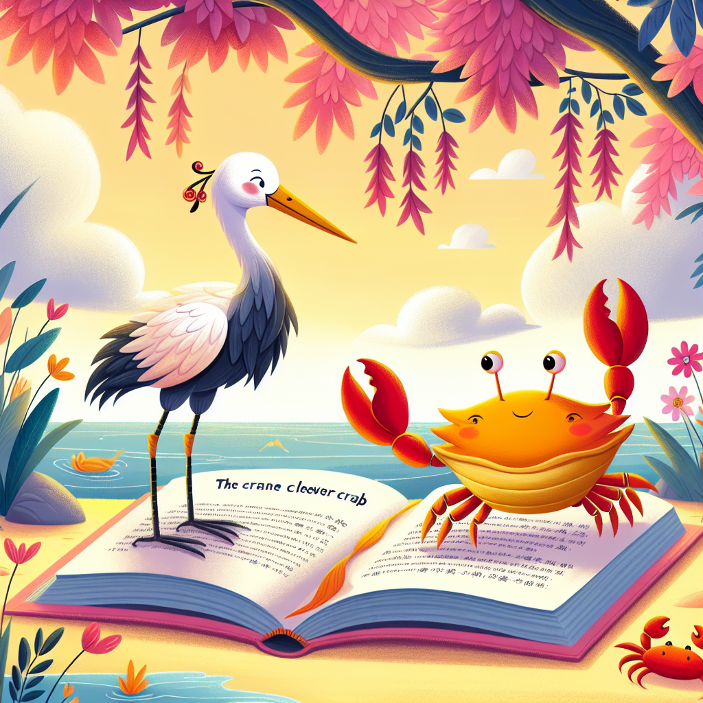 Colorful children's illustration for the story: The Crane and the Crab