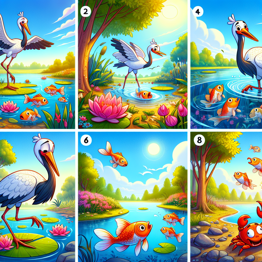 Colorful cartoon storyboard showing 8 key scenes from The Crane and the Crab