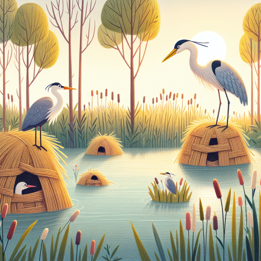 Colorful children's illustration for the story: The Crane and the Heron