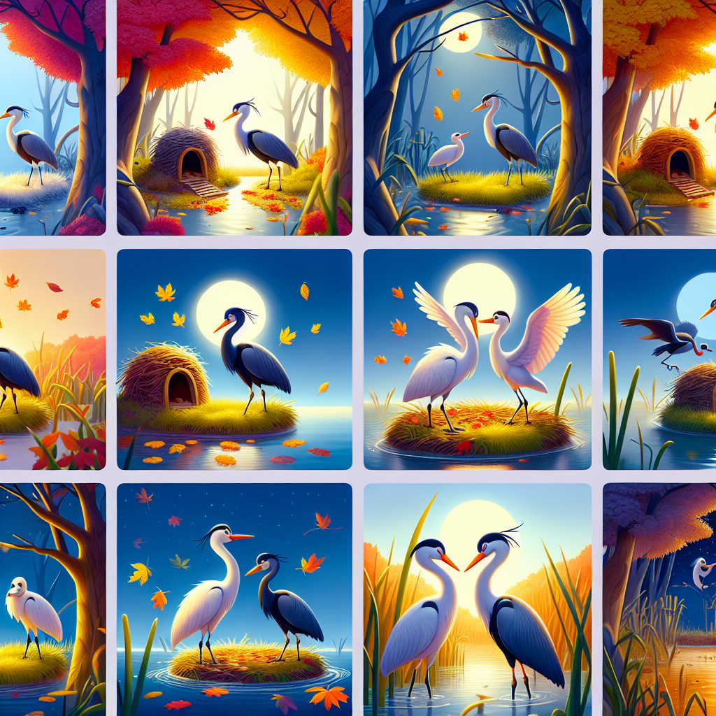 Colorful cartoon storyboard showing 8 key scenes from The Crane and the Heron