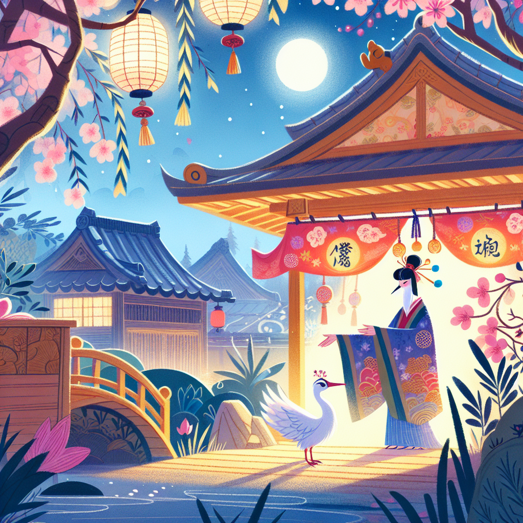 Colorful children's illustration for the story: The Crane Wife