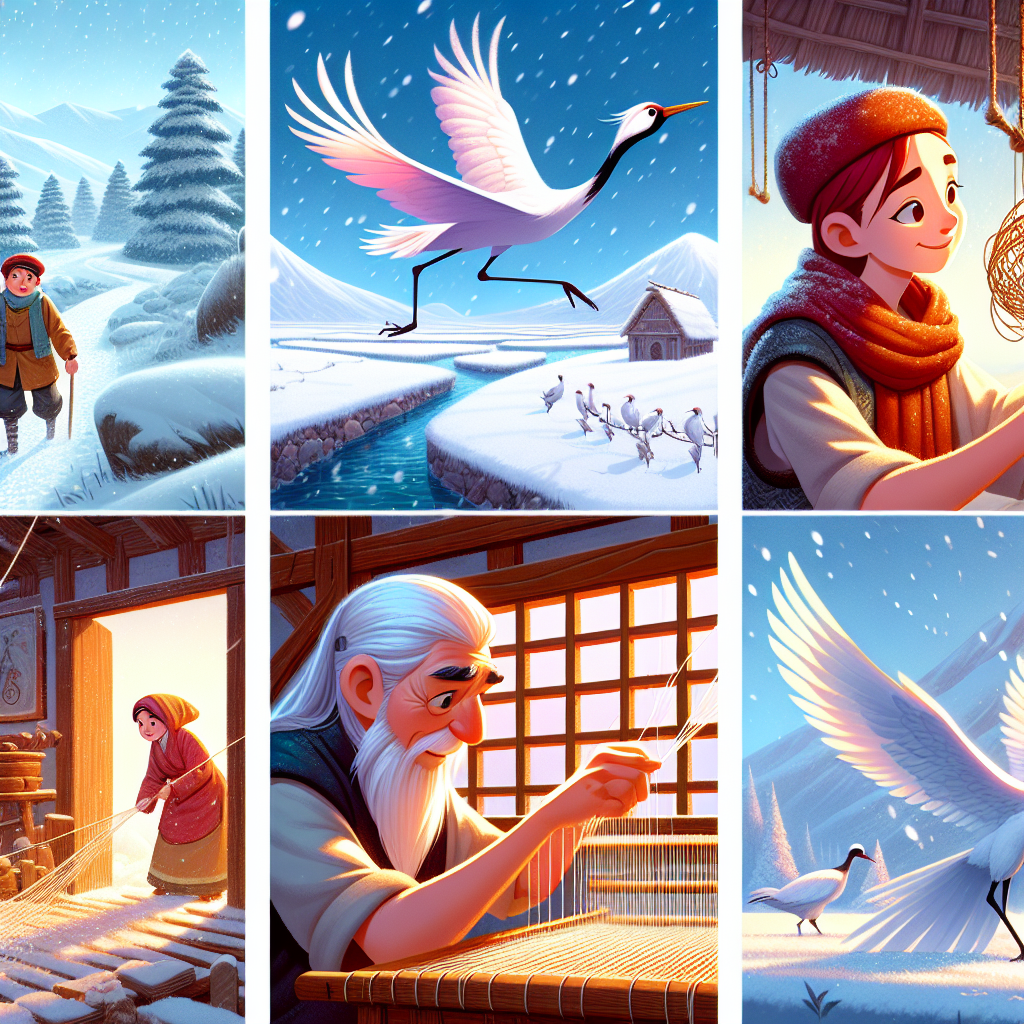Colorful cartoon storyboard showing 8 key scenes from The Crane Wife