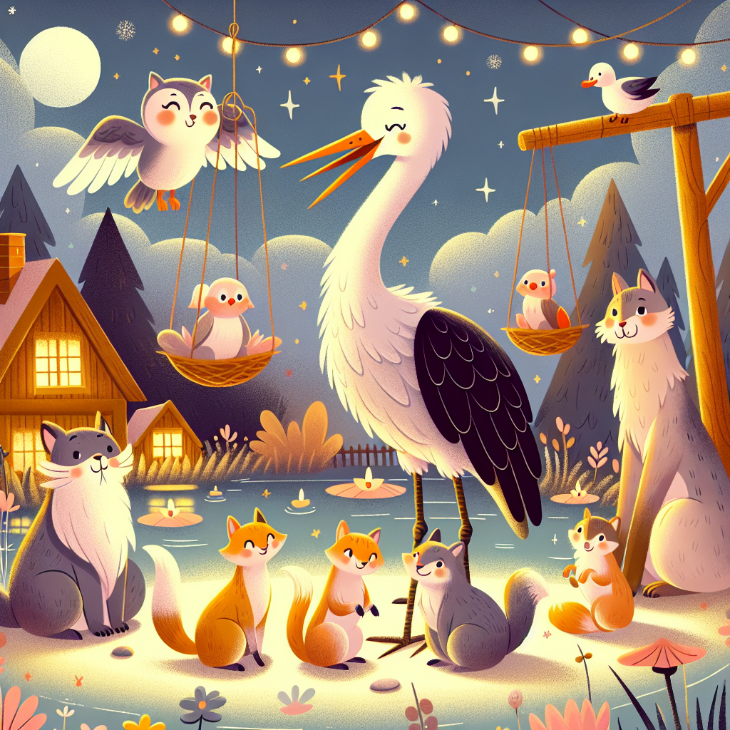 Colorful children's illustration for the story: The Wolf and the Crane