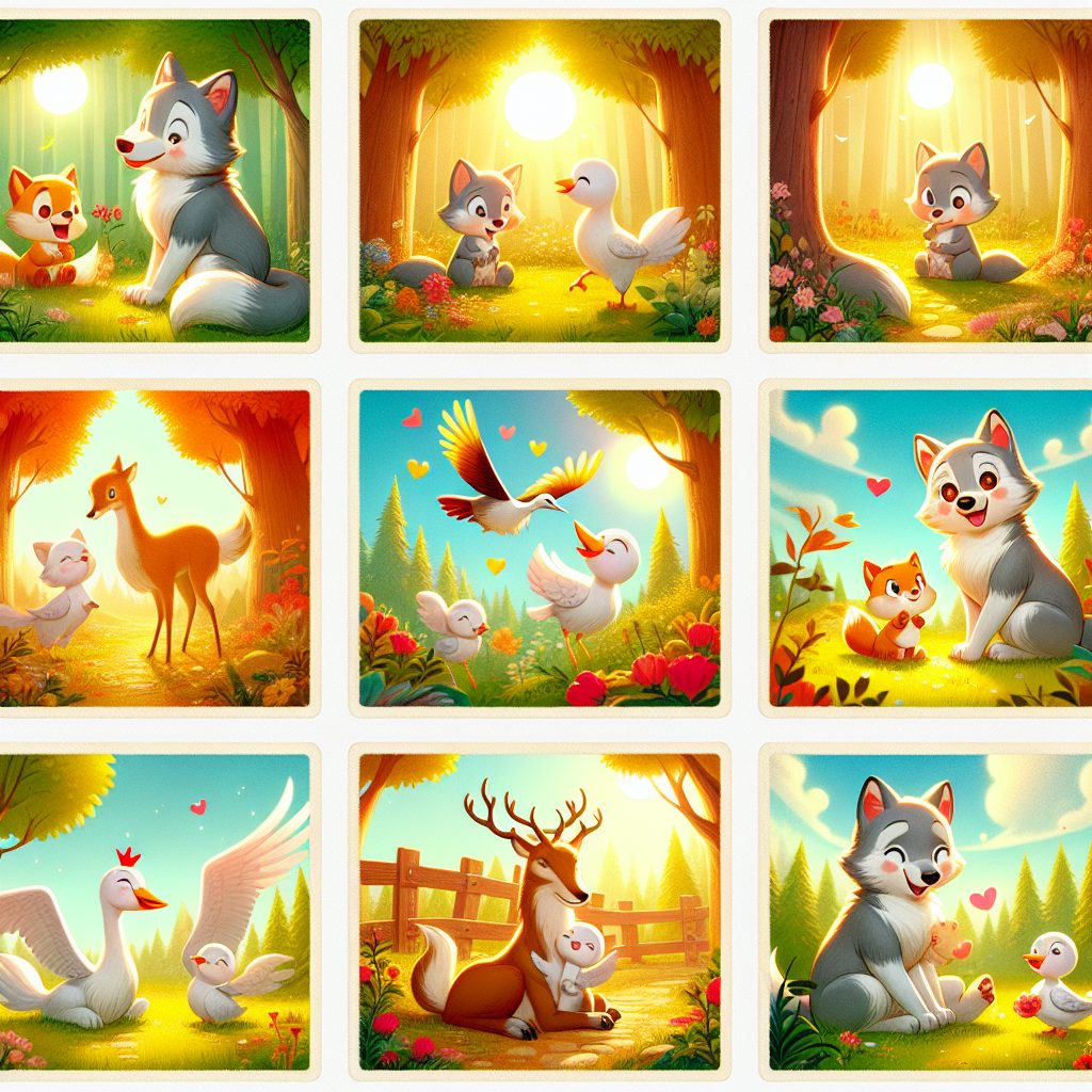 Colorful cartoon storyboard showing 8 key scenes from The Wolf and the Crane