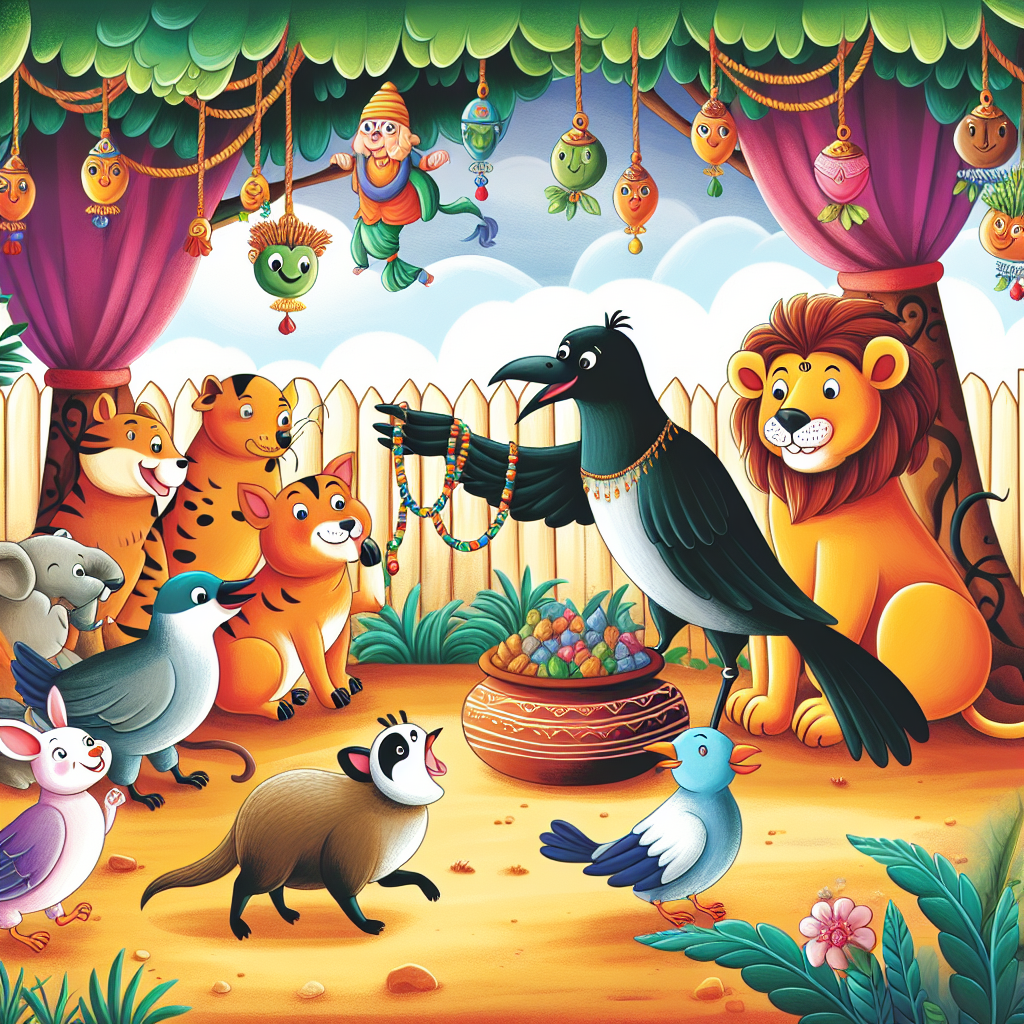 Colorful children's illustration for the story: The Crow and the Cobra