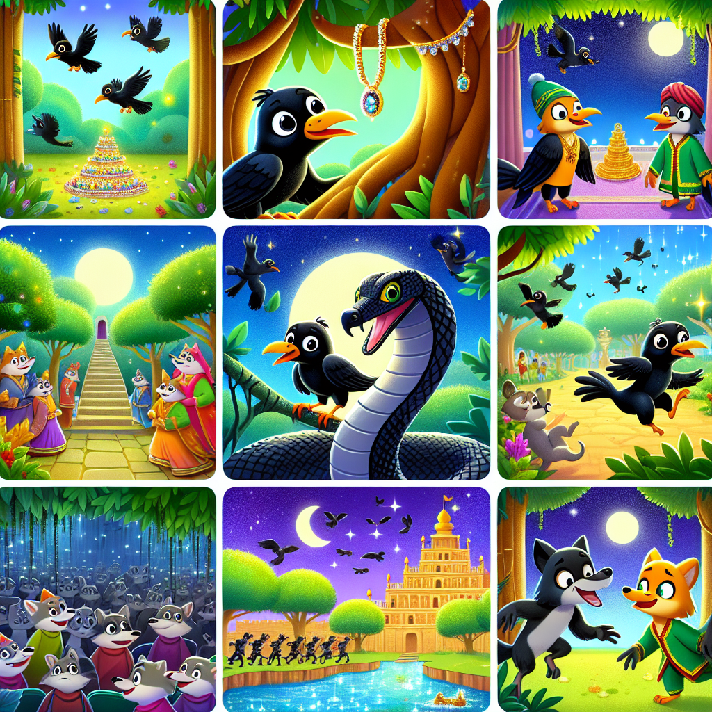 Colorful cartoon storyboard showing 8 key scenes from The Crow and the Cobra
