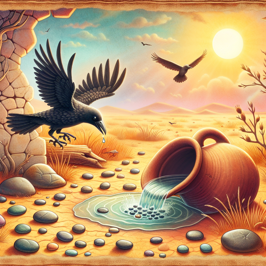 Colorful children's illustration for the story: The Crow and the Pitcher