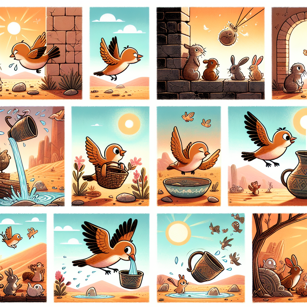 Colorful cartoon storyboard showing 8 key scenes from The Crow and the Pitcher