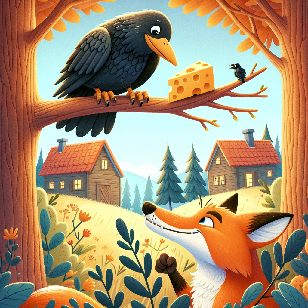 Colorful children's illustration for the story: The Crow and the Fox