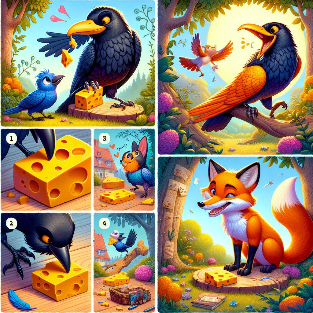 Colorful cartoon storyboard showing 8 key scenes from The Crow and the Fox
