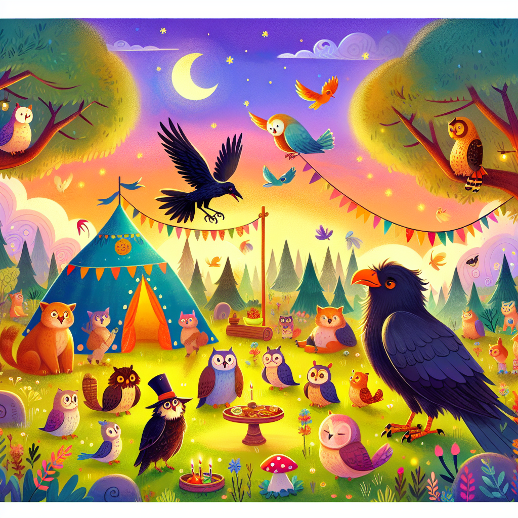 Colorful children's illustration for the story: The Crow and the Owls