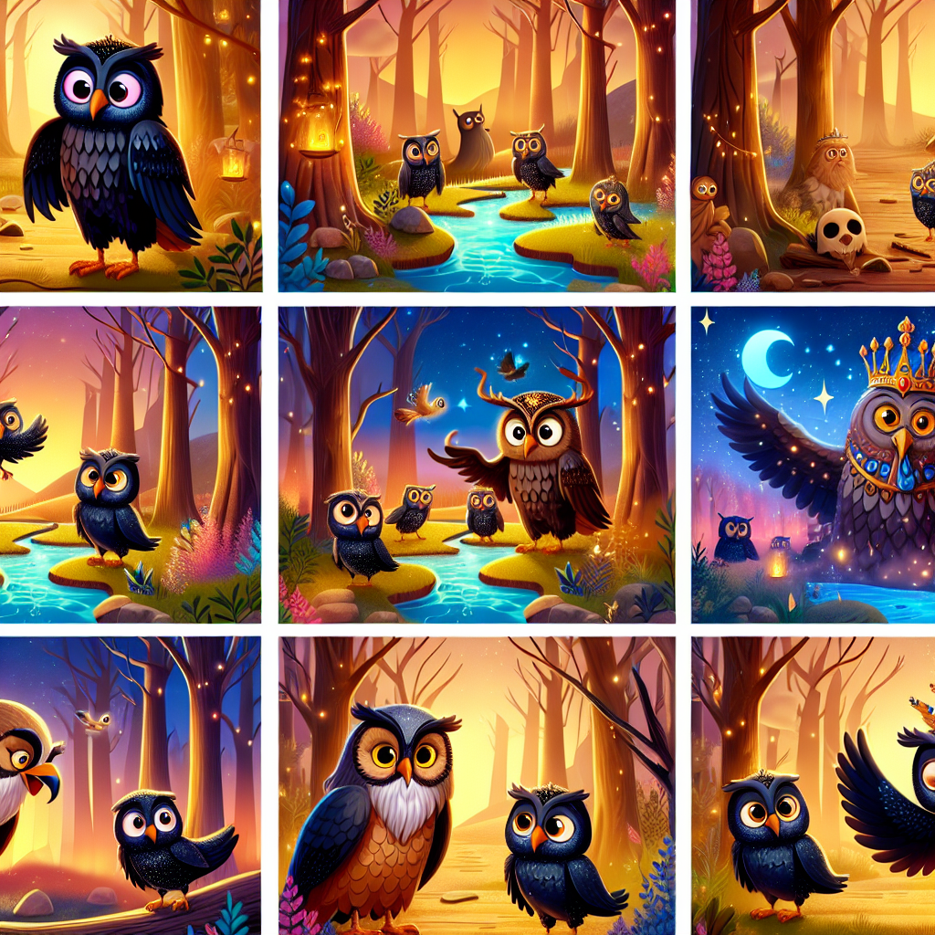 Colorful cartoon storyboard showing 8 key scenes from The Crow and the Owls
