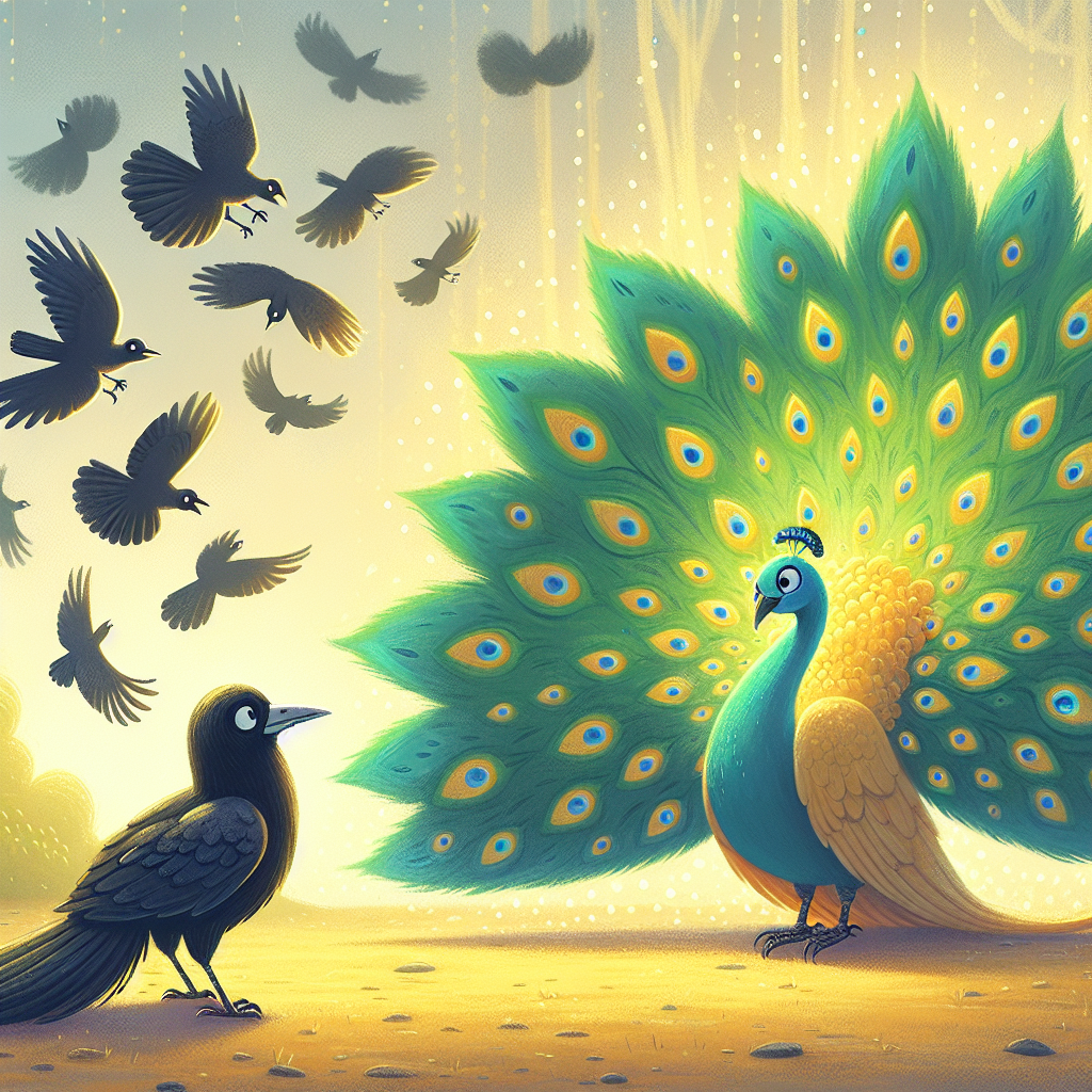 Colorful children's illustration for the story: The Crow and the Peacock