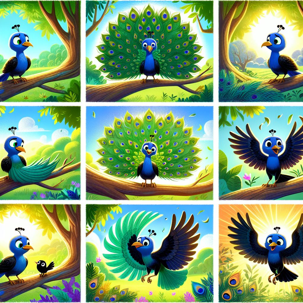 Colorful cartoon storyboard showing 8 key scenes from The Crow and the Peacock