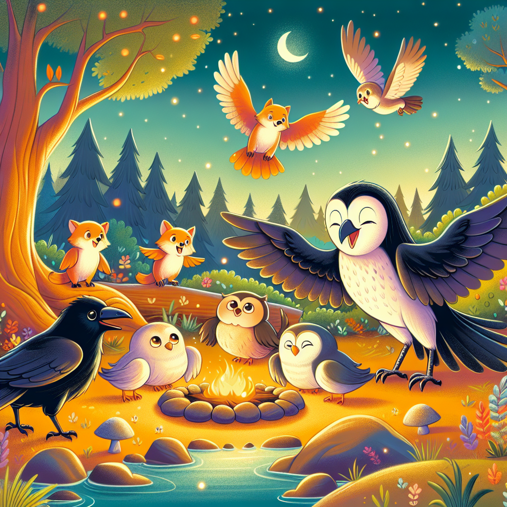 Colorful children's illustration for the story: The Crows and the Owls