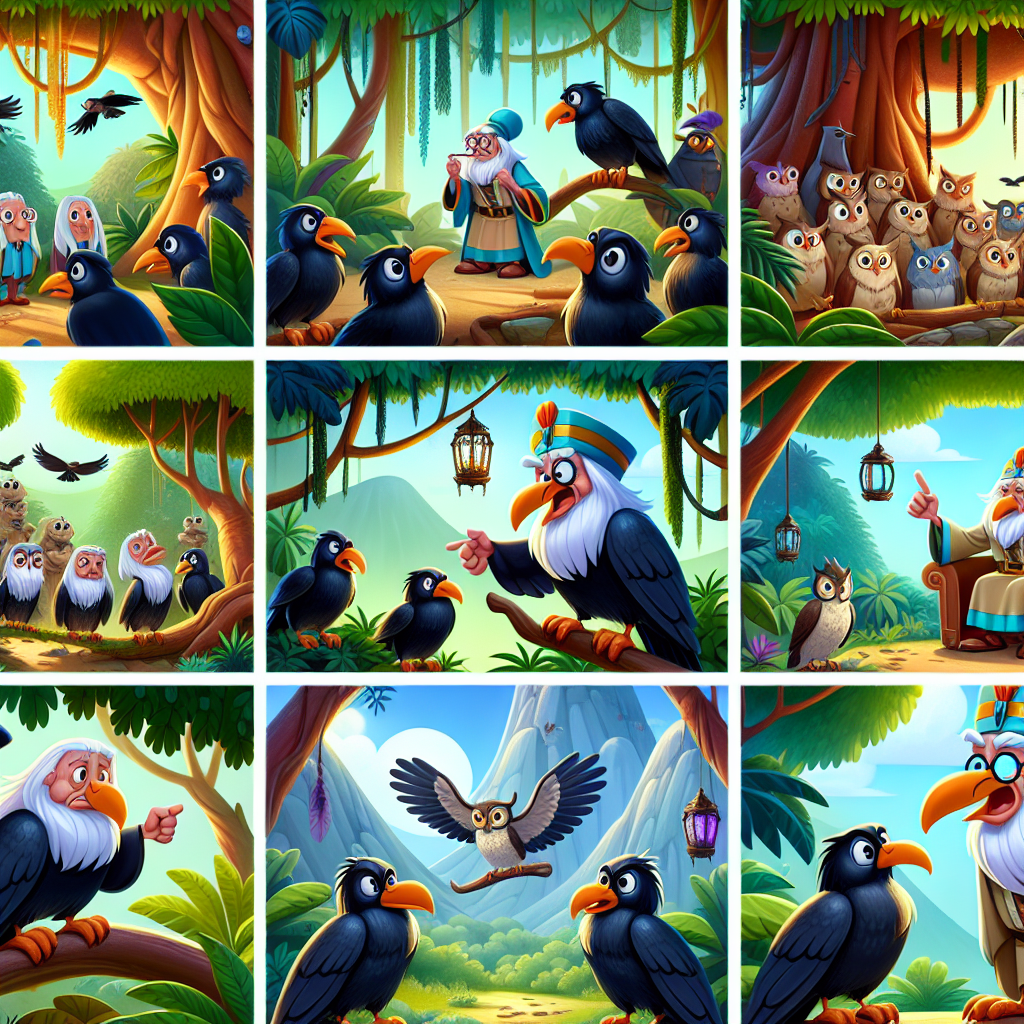 Colorful cartoon storyboard showing 8 key scenes from The Crows and the Owls