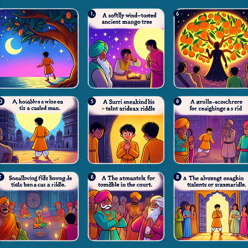 Colorful cartoon storyboard showing 8 key scenes from The Riddles of Suri