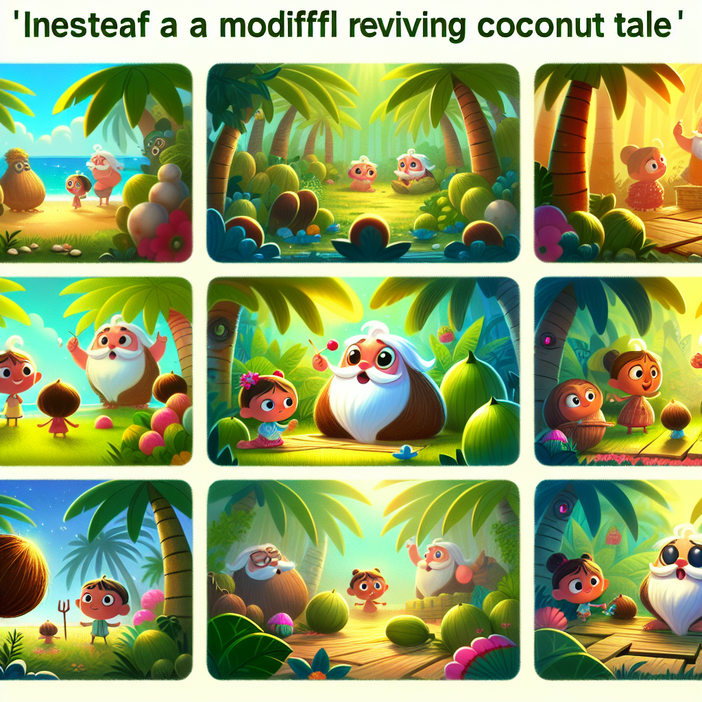 Colorful cartoon storyboard showing 8 key scenes from The Tale of the Fisherman and the Genie