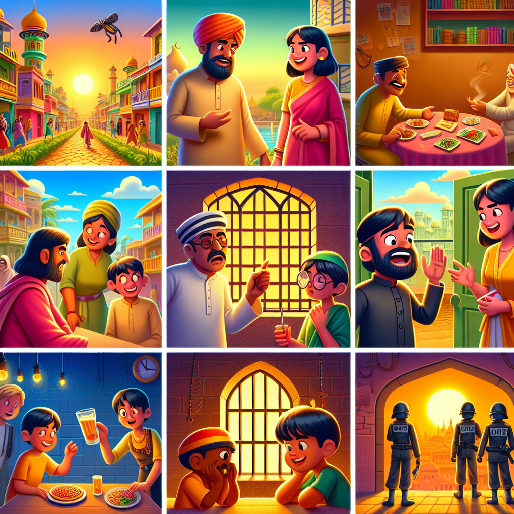 Colorful cartoon storyboard showing 8 key scenes from The Cursed Man and the Clever Note