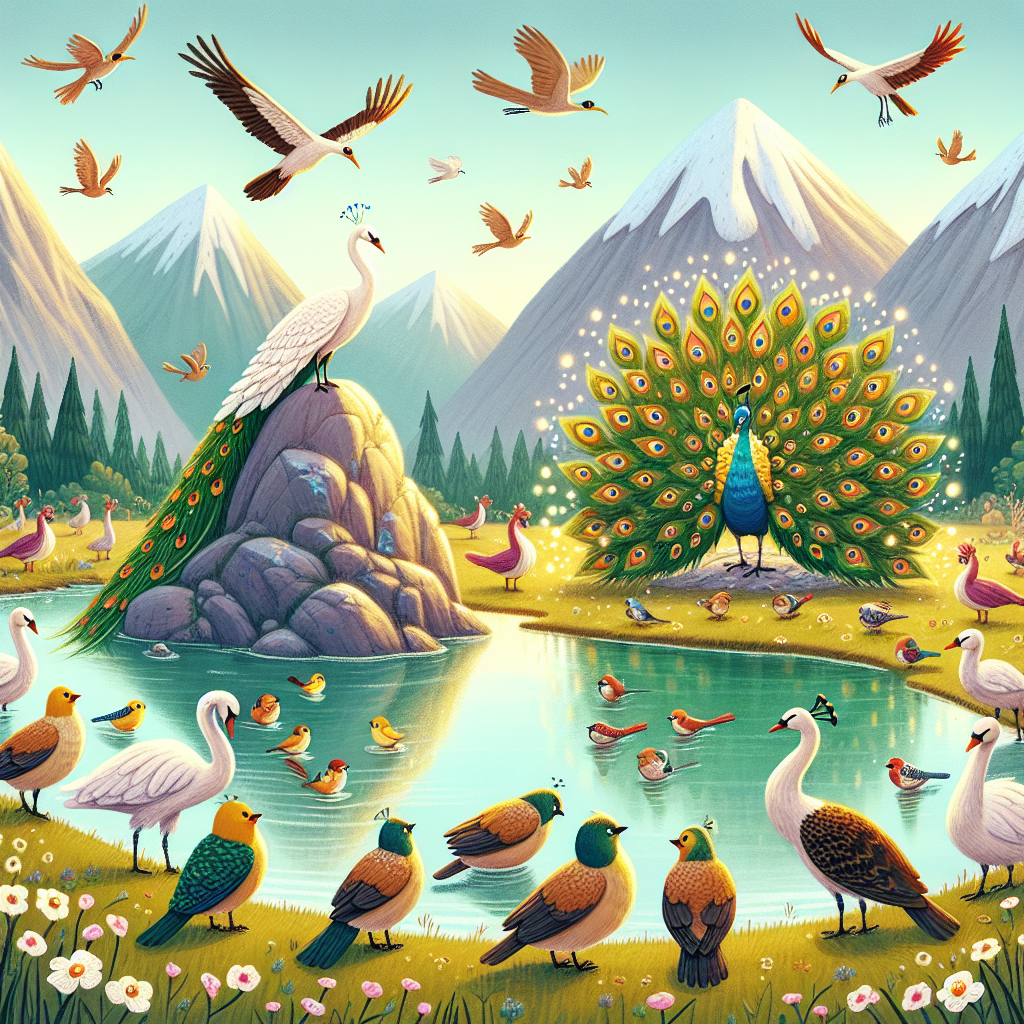 Colorful children's illustration for the story: The Proud Peacock