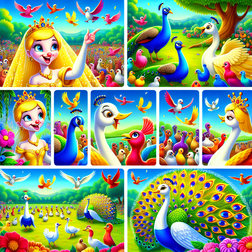 Colorful cartoon storyboard showing 8 key scenes from The Proud Peacock