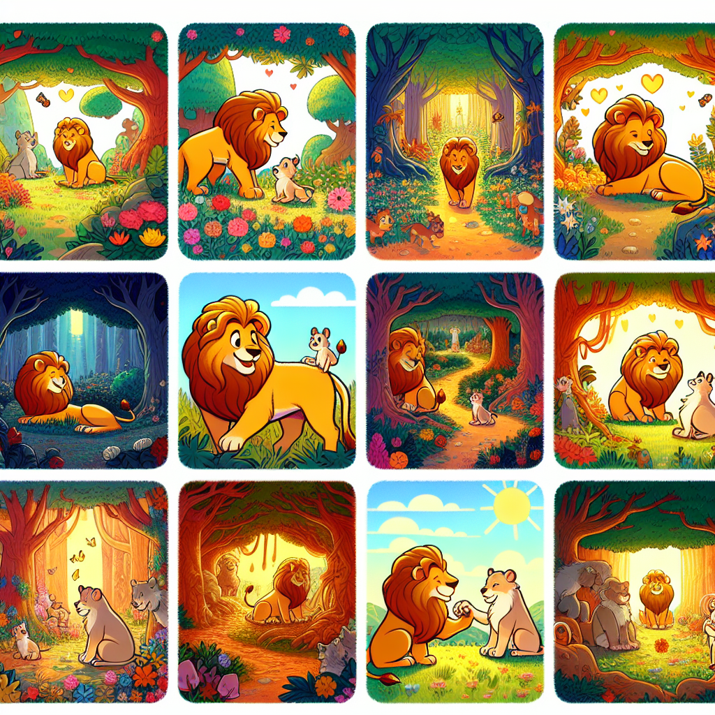 Colorful cartoon storyboard showing 8 key scenes from The Lion in the Labyrinth