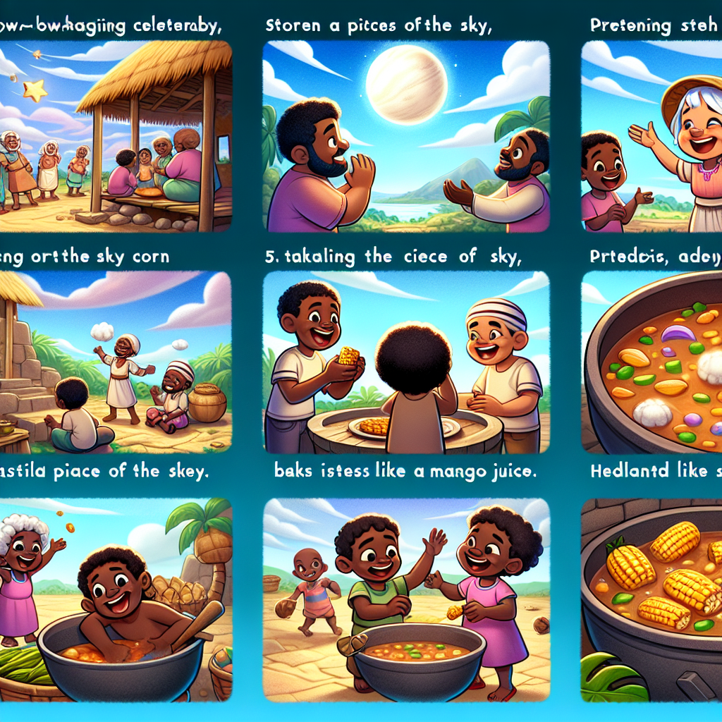 Colorful cartoon storyboard showing 8 key scenes from The Sky's Gift