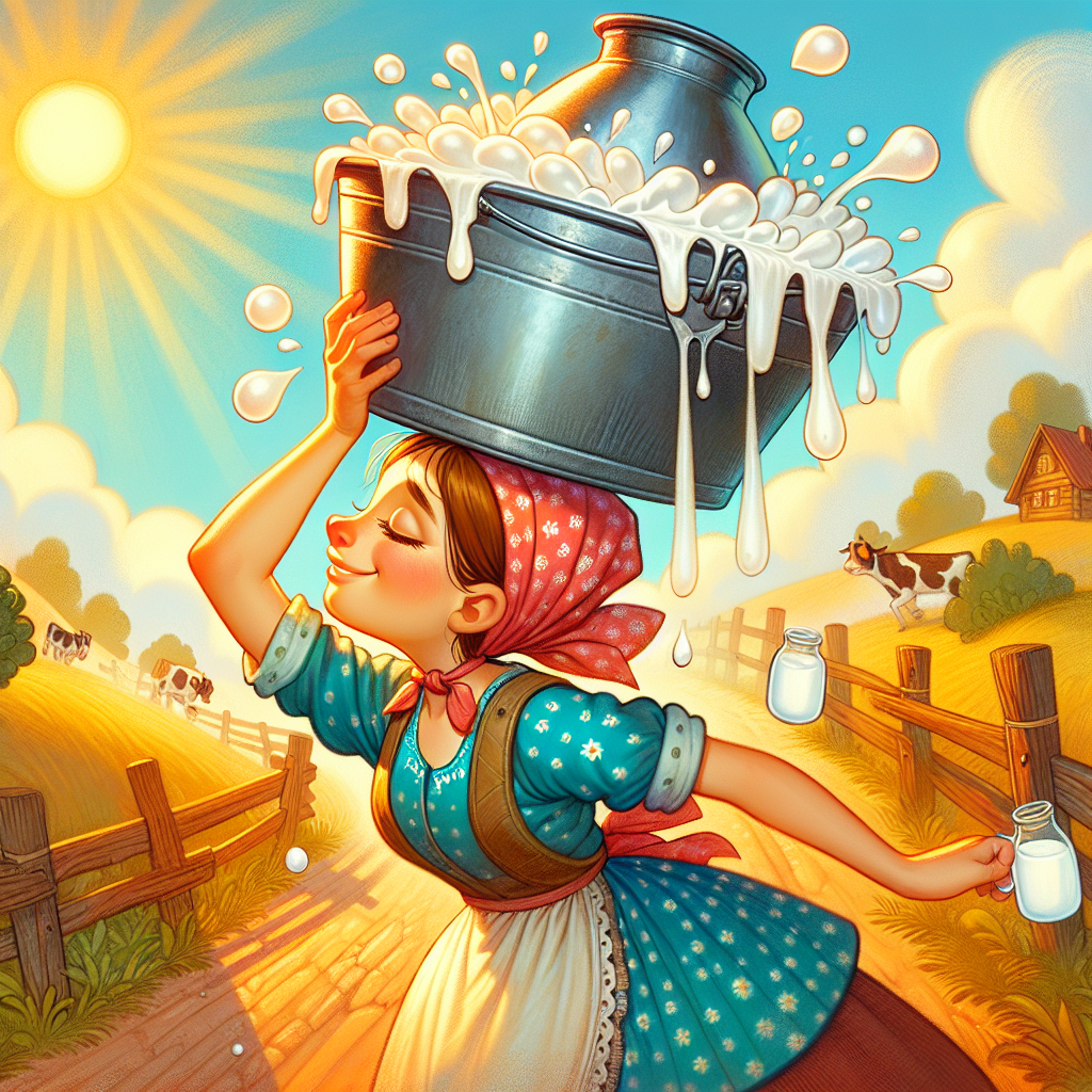 Colorful children's illustration for the story: The Milkmaid and Her Pail