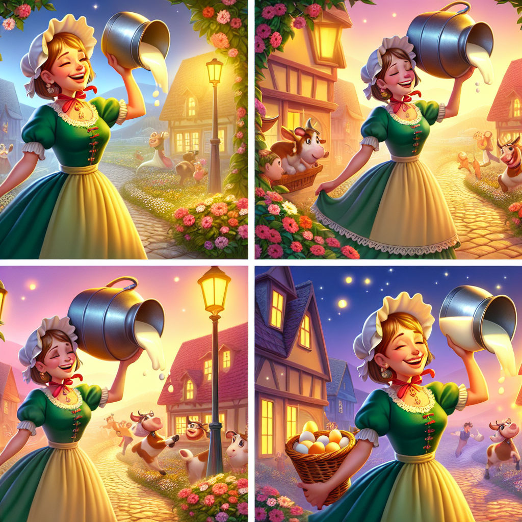 Colorful cartoon storyboard showing 8 key scenes from The Milkmaid and Her Pail