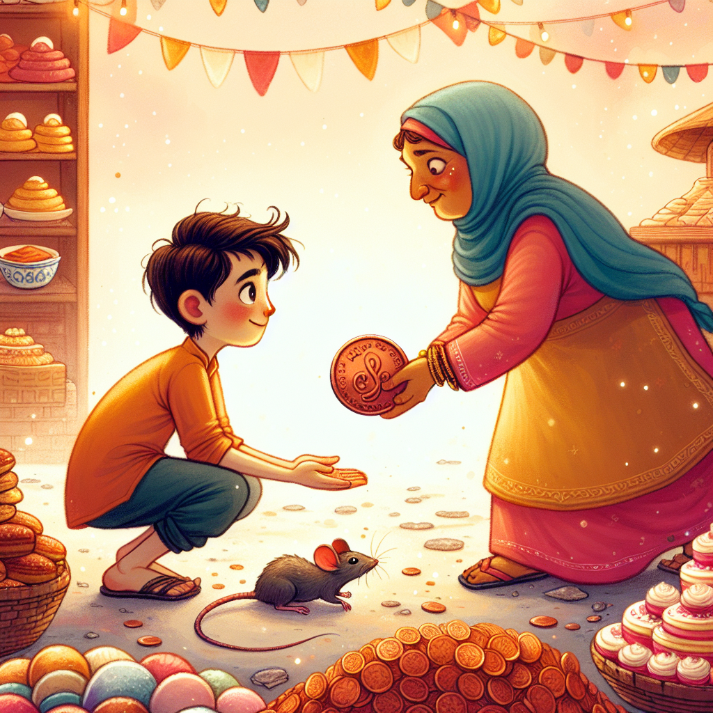 Colorful children's illustration for the story: The Mouse That Grew into a Fortune