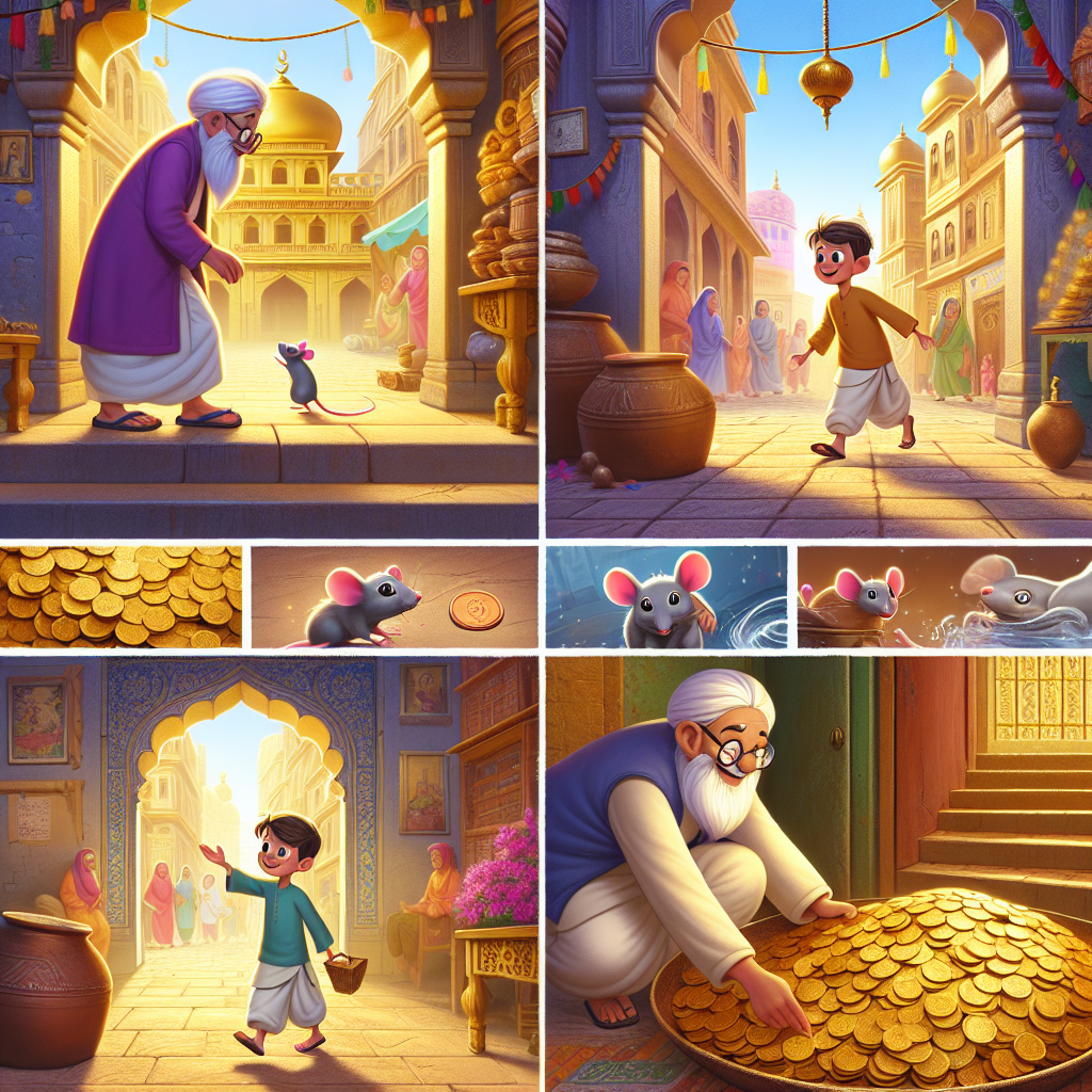 Colorful cartoon storyboard showing 8 key scenes from The Mouse That Grew into a Fortune