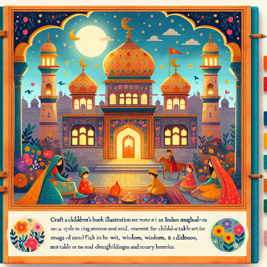 Colorful children's illustration for the story: The Cleverness of Birbal