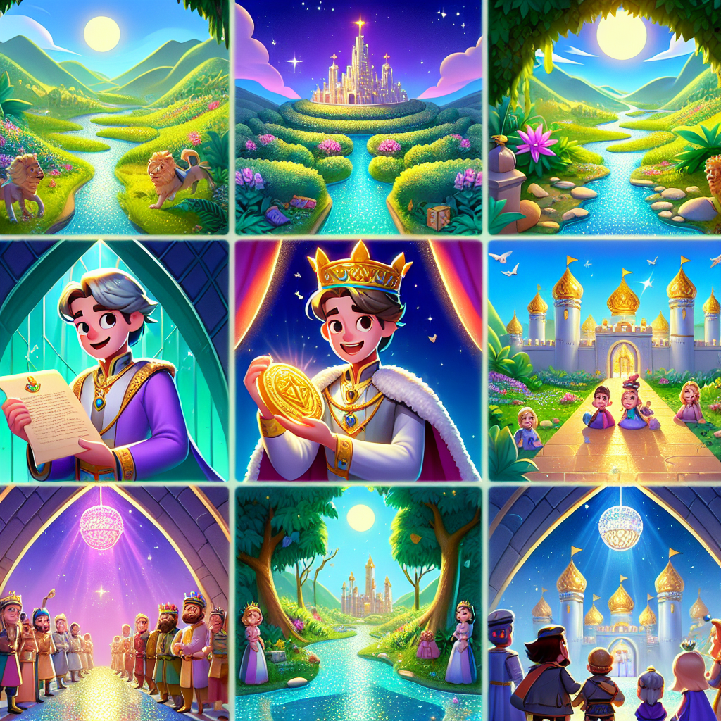 Colorful cartoon storyboard showing 8 key scenes from The Cleverness of Birbal