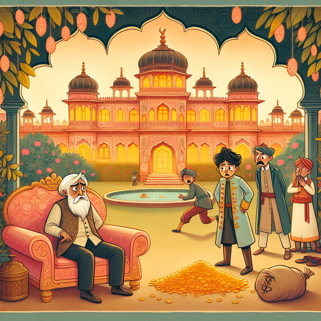 Colorful children's illustration for the story: The Missing Gold Coins