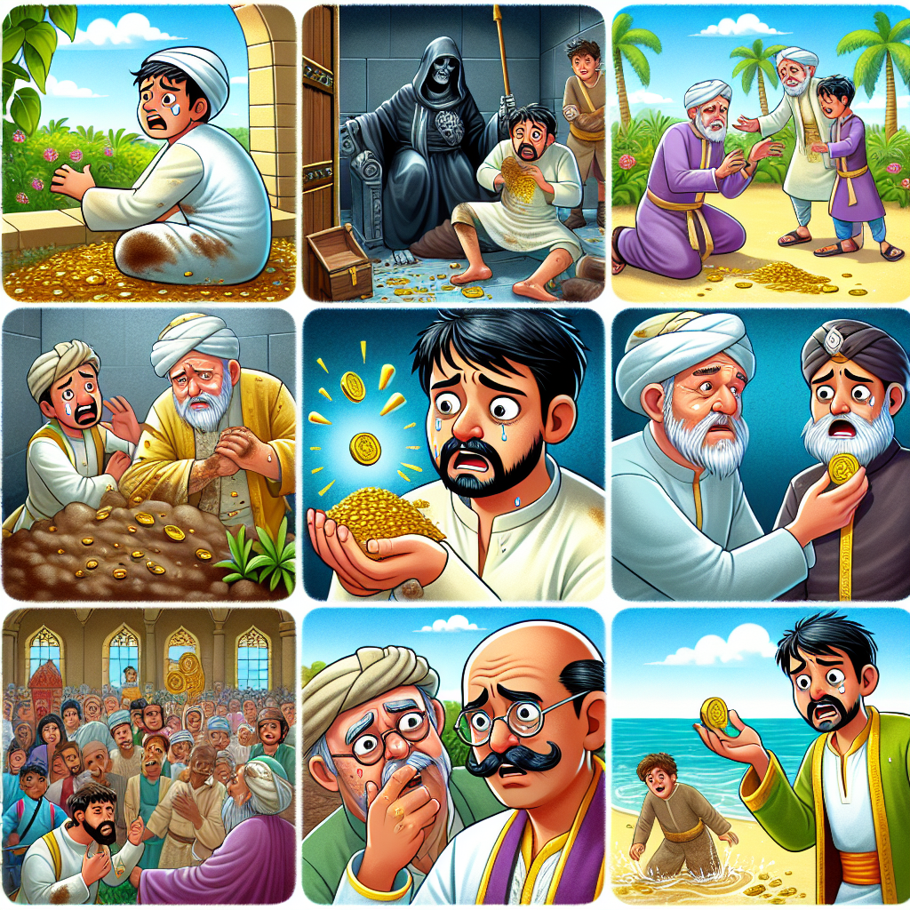 Colorful cartoon storyboard showing 8 key scenes from The Missing Gold Coins