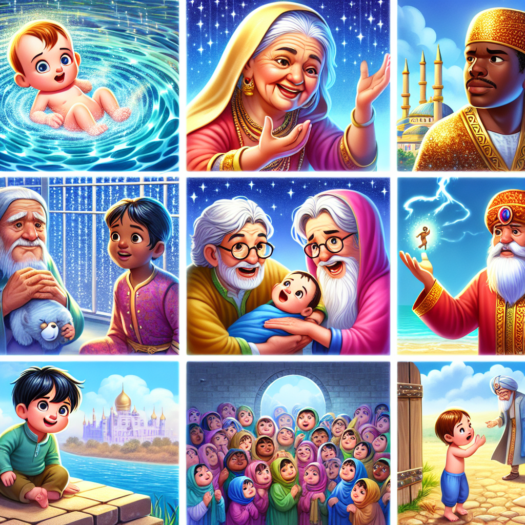 Colorful cartoon storyboard showing 8 key scenes from The Devil's Three Golden Hairs