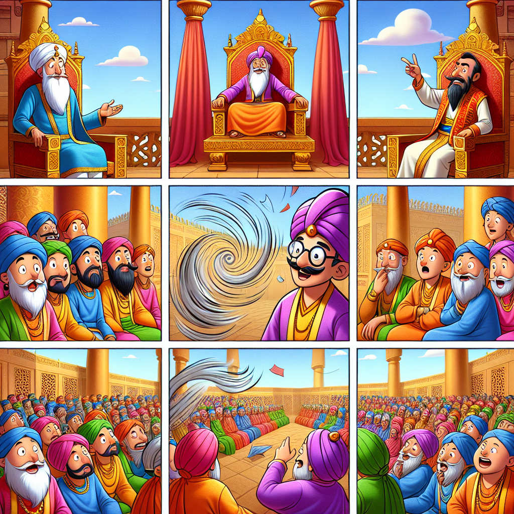Colorful cartoon storyboard showing 8 key scenes from The Wise Man and the Fool