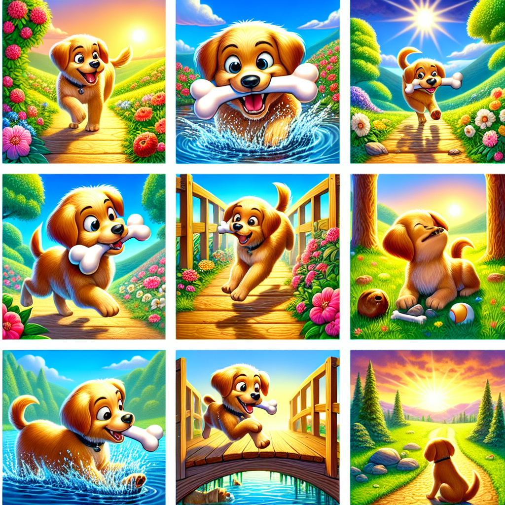 Colorful cartoon storyboard showing 8 key scenes from The Dog and His Shadow