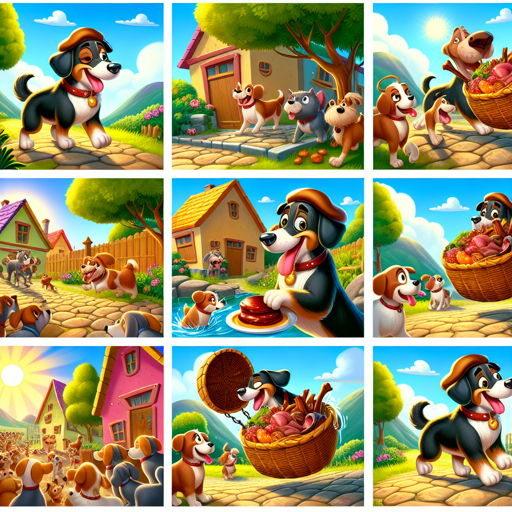 Colorful cartoon storyboard showing 8 key scenes from The Dog and the Shadow